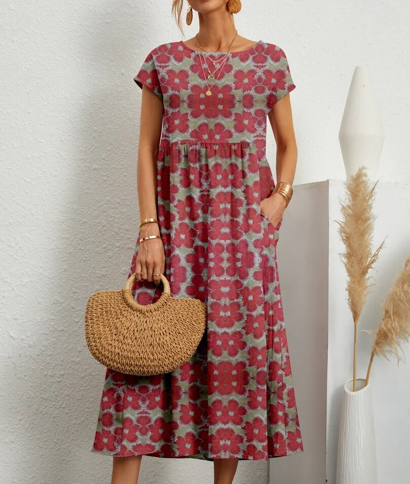 Maryrose | Women's Printed Boat Neck Short Sleeve Midi Dress