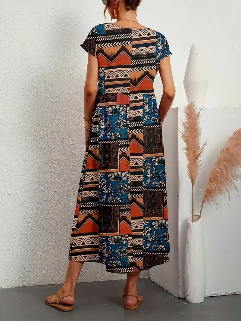 Maryrose | Women's Printed Boat Neck Short Sleeve Midi Dress