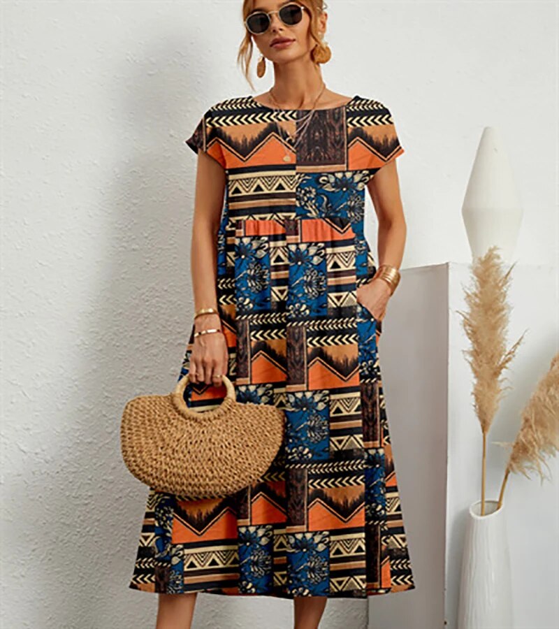 Maryrose | Women's Printed Boat Neck Short Sleeve Midi Dress