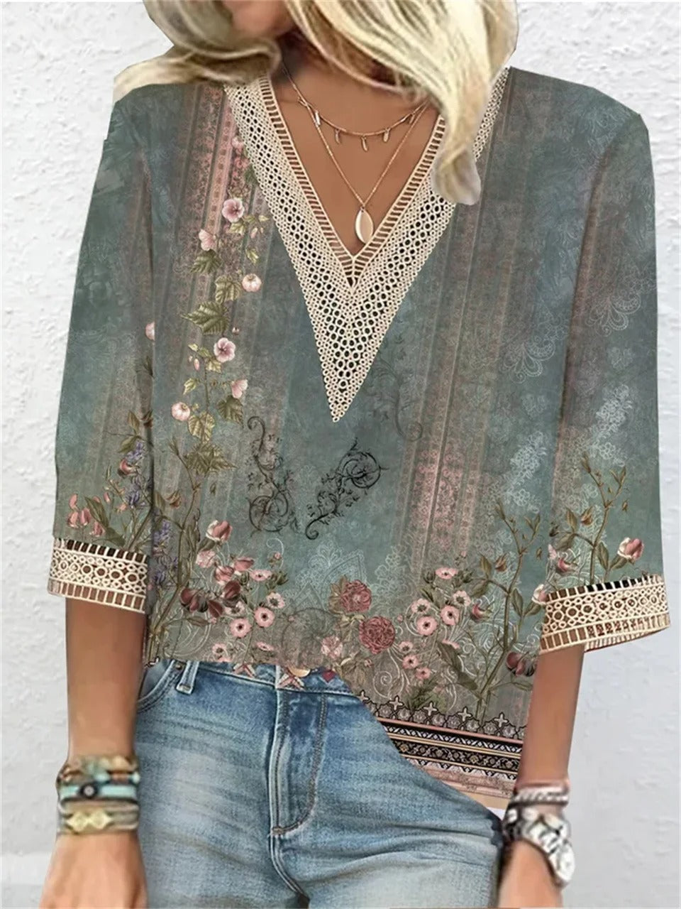 Mattie | Women's Three Quarter Sleeve V-Neck Printed Summer Blouse