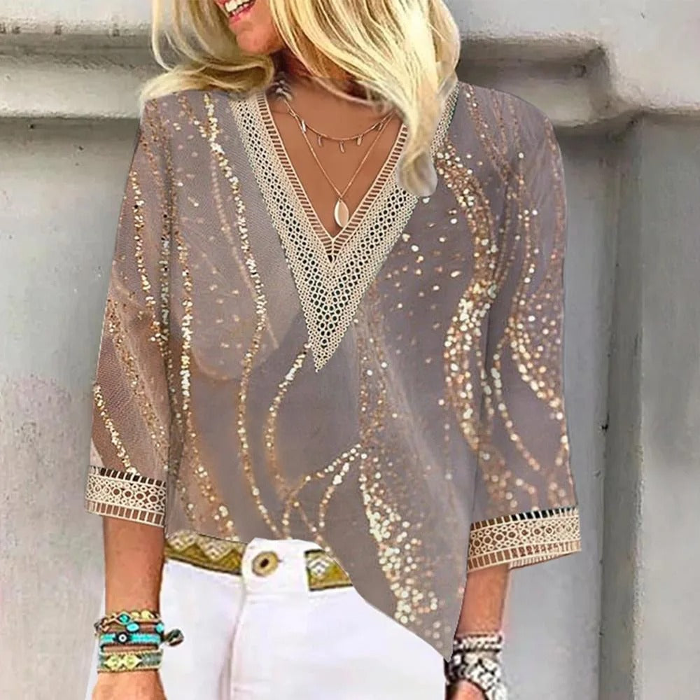 Mattie | Women's Three Quarter Sleeve V-Neck Printed Summer Blouse