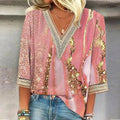 Mattie | Women's Three Quarter Sleeve V-Neck Printed Summer Blouse