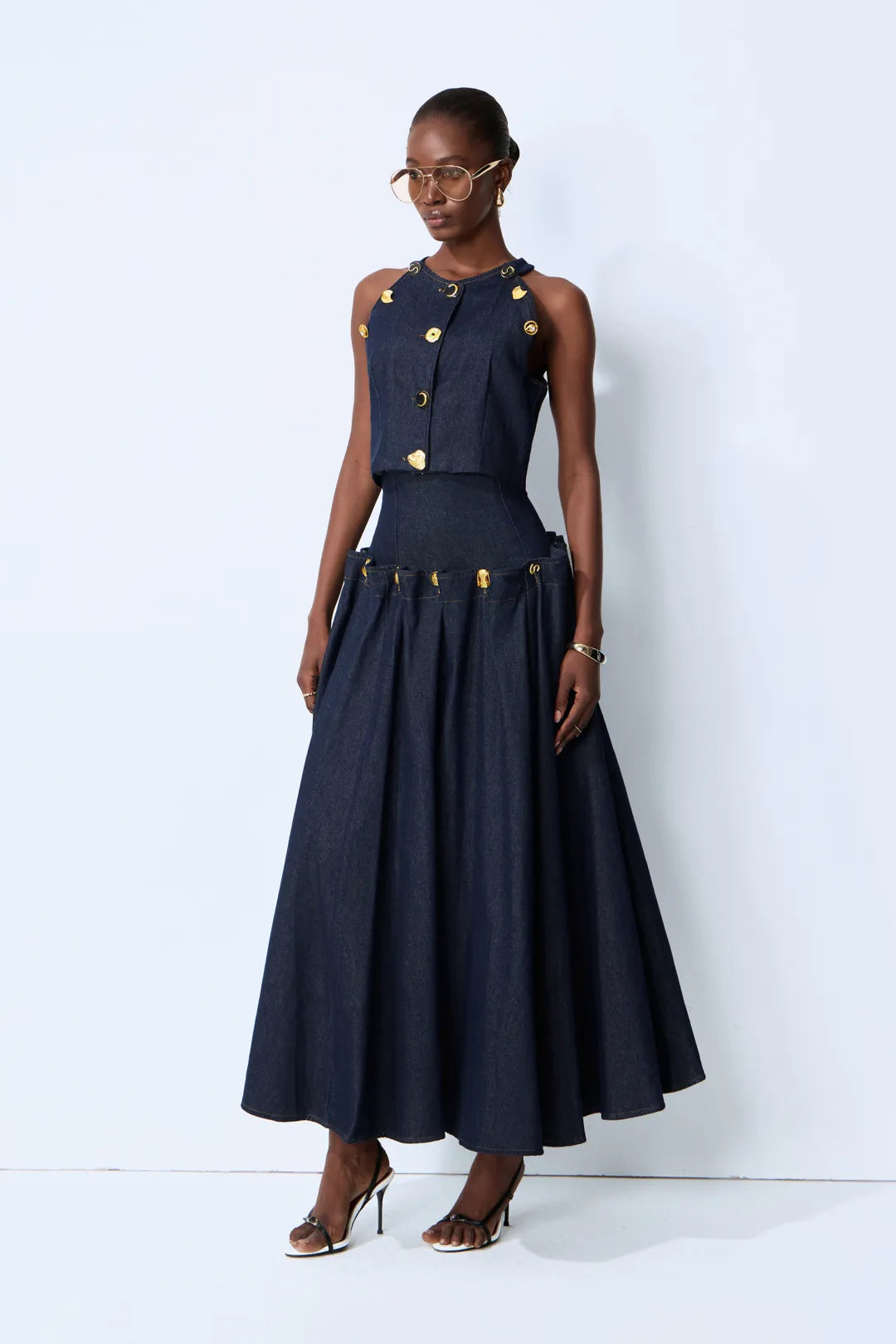 Maura | Women’s Sleeveless Button Front Pleated Denim Two Piece Set