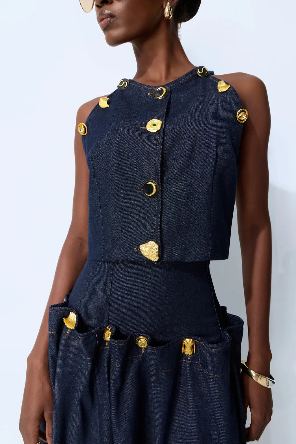 Maura | Women’s Sleeveless Button Front Pleated Denim Two Piece Set