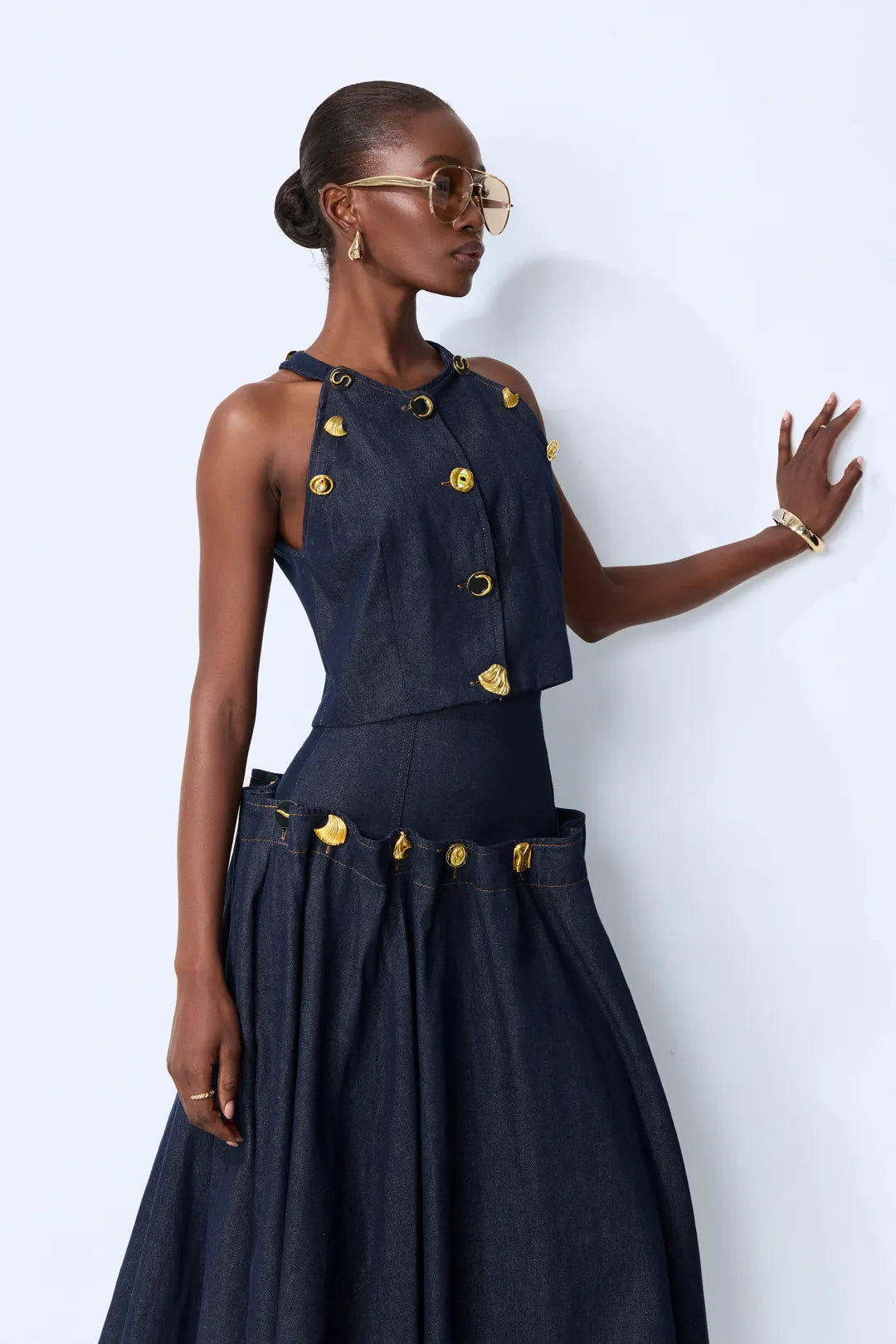Maura | Women’s Sleeveless Button Front Pleated Denim Two Piece Set