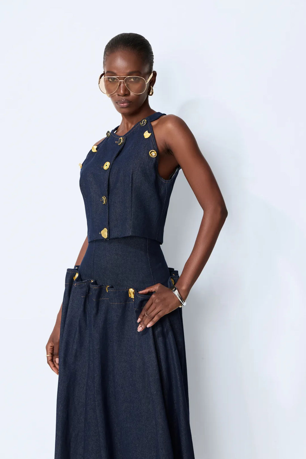 Maura | Women’s Sleeveless Button Front Pleated Denim Two Piece Set