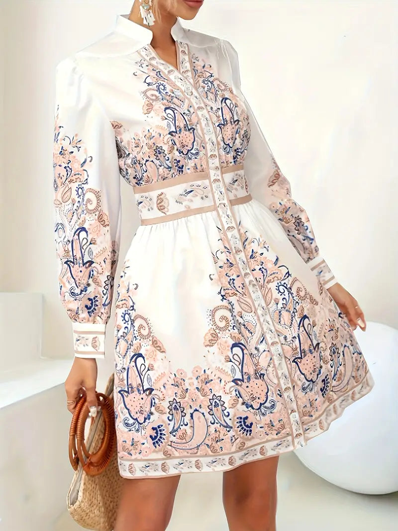 Melinda | Women's Floral Print V Neck Long Sleeve Midi Dress