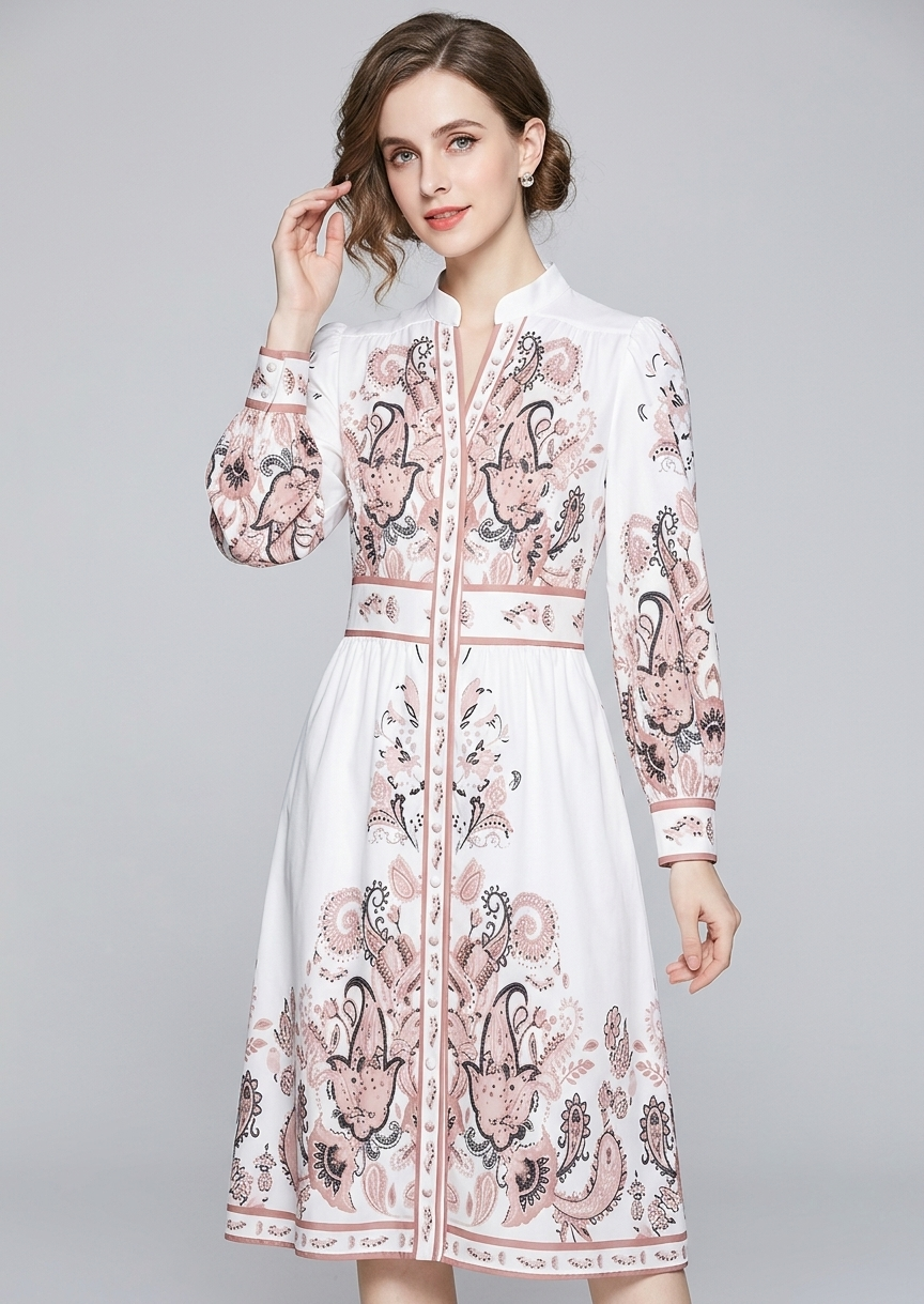 Melinda | Women's Floral Print V Neck Long Sleeve Midi Dress