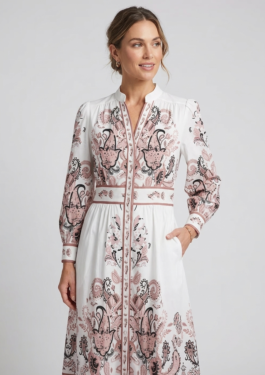 Melinda | Women's Floral Print V Neck Long Sleeve Midi Dress