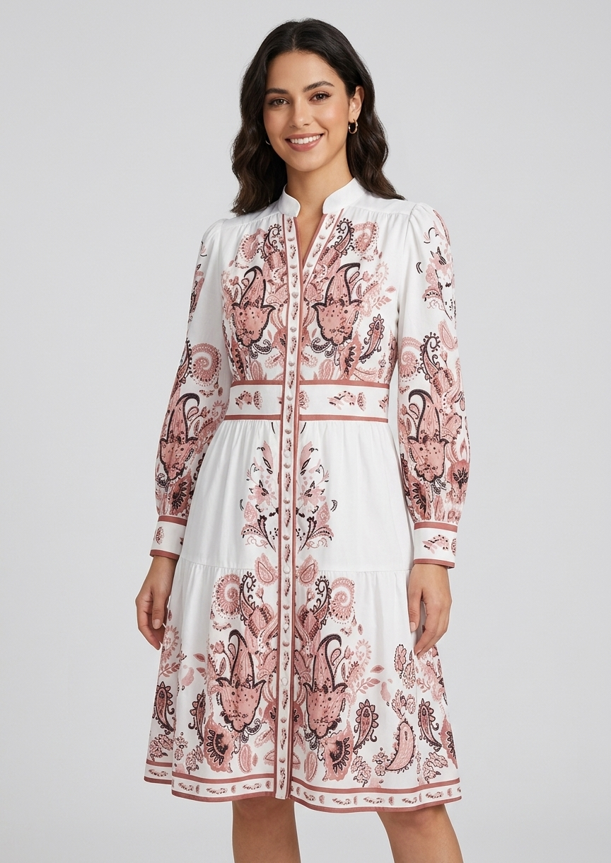 Melinda | Women's Floral Print V Neck Long Sleeve Midi Dress