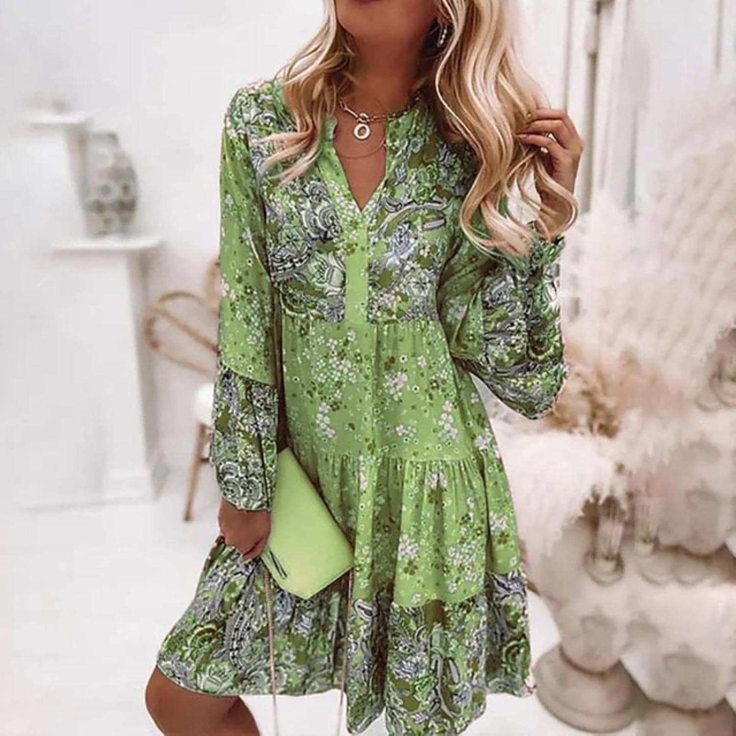 Melonie | Women’s V Neck Floral Long Sleeve Summer Dress