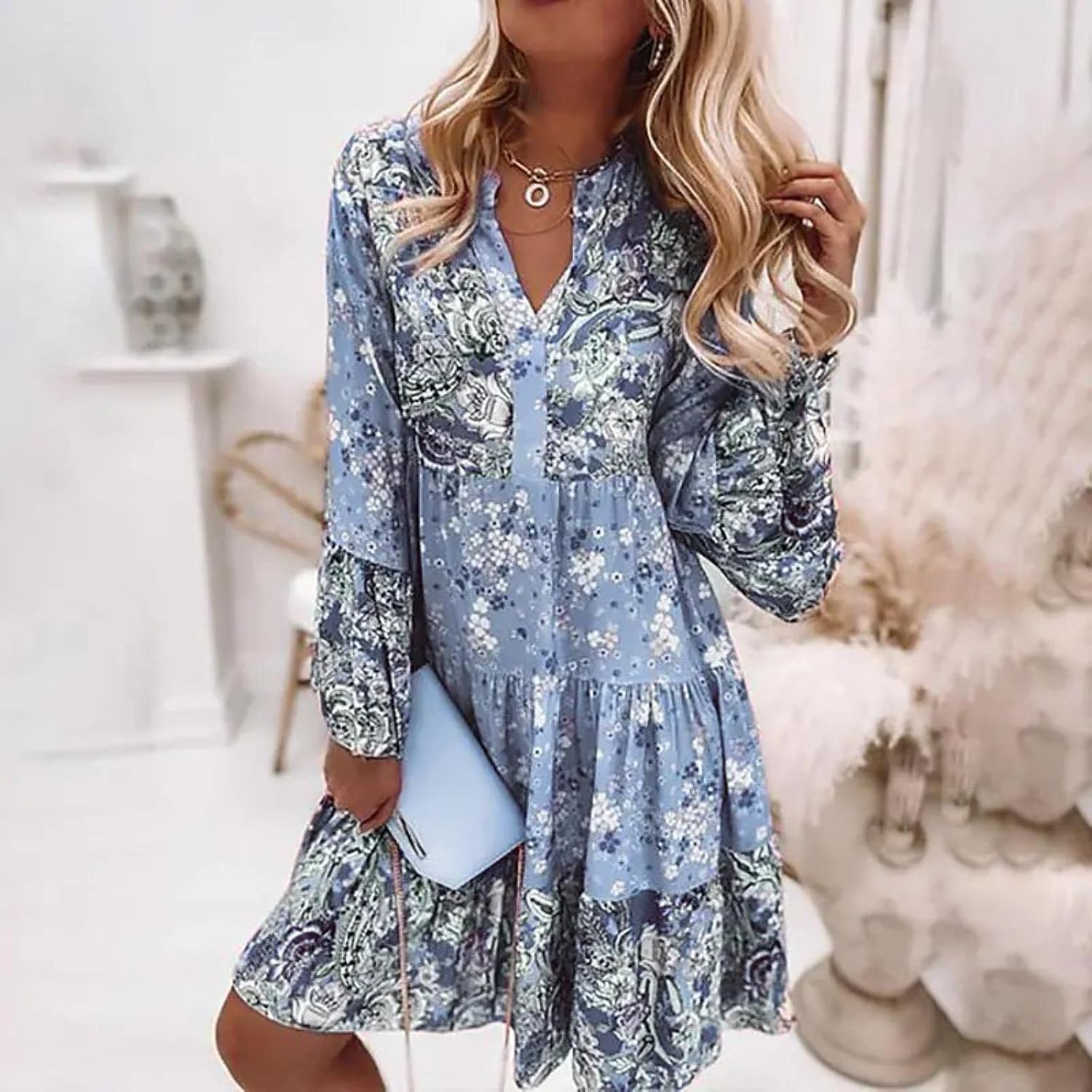 Melonie | Women’s V Neck Floral Long Sleeve Summer Dress