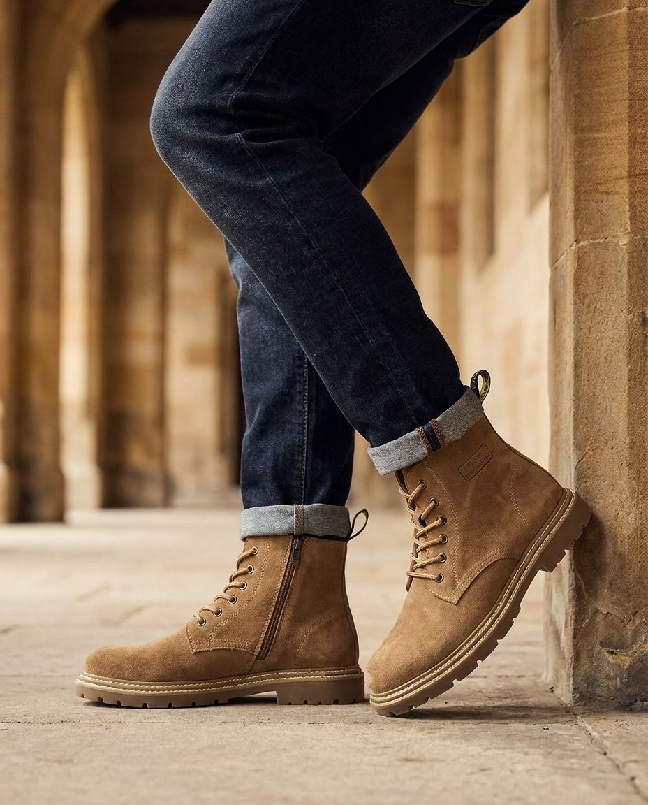 Men's Faux Suede Lace-Up Lug Sole Ankle Boots in Tan
