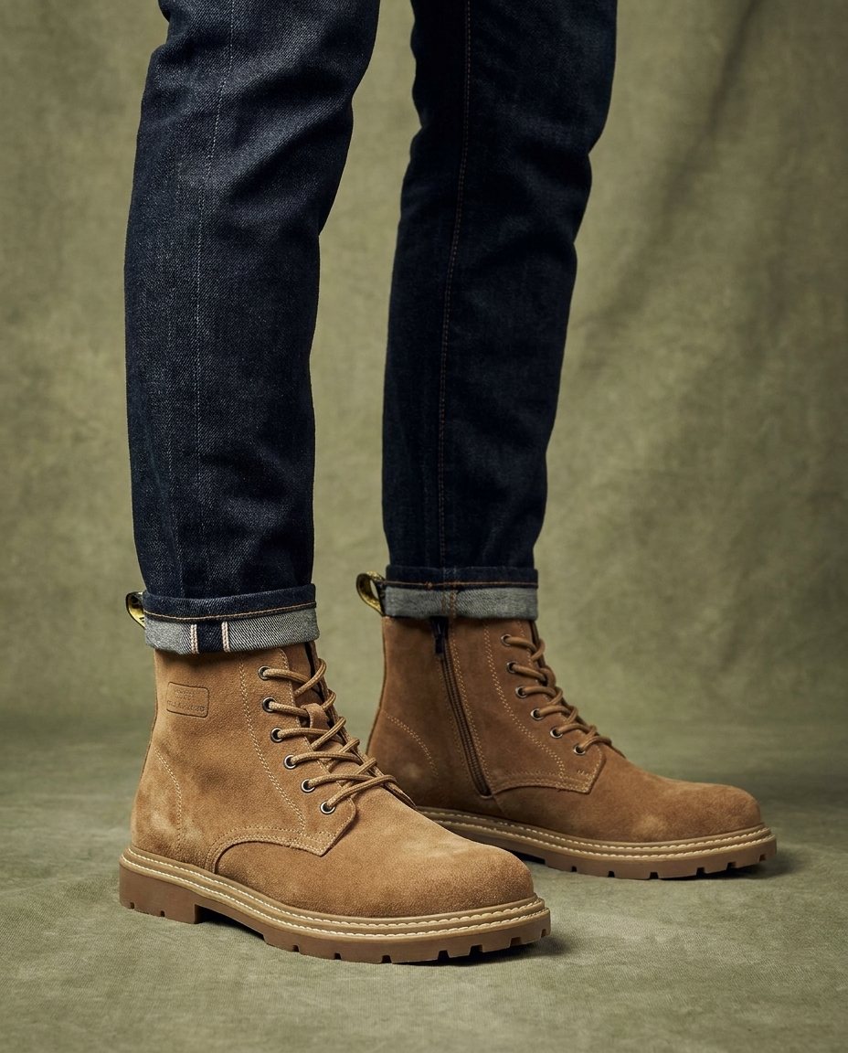 Men's Faux Suede Lace-Up Lug Sole Ankle Boots in Tan