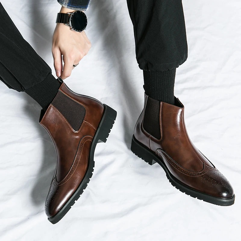 Men's Faux Leather Brogue Wingtip Chelsea Boots