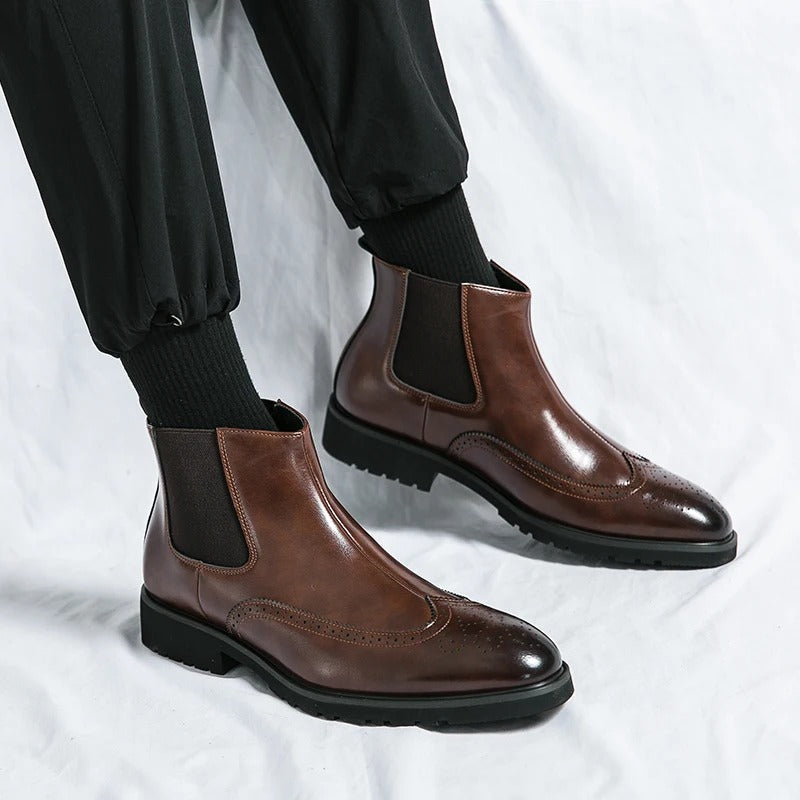 Men's Faux Leather Brogue Wingtip Chelsea Boots