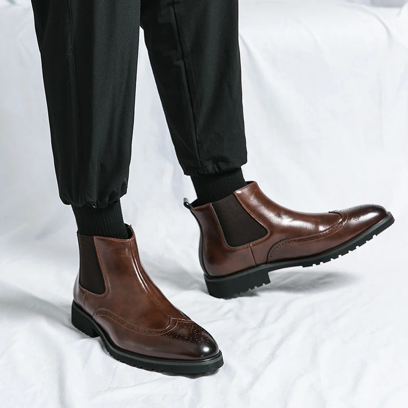 Men's Faux Leather Brogue Wingtip Chelsea Boots