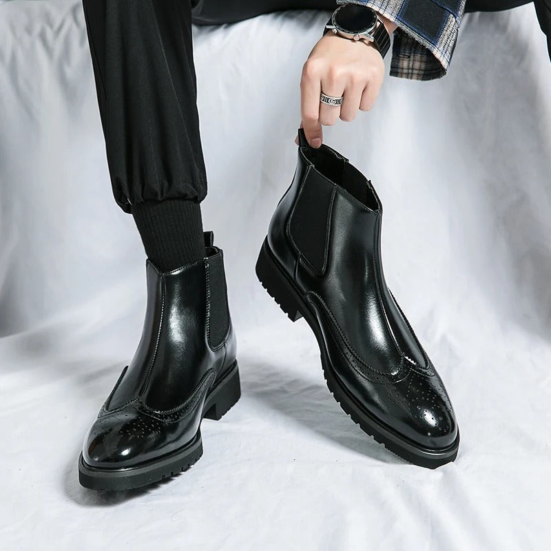 Men's Faux Leather Brogue Wingtip Chelsea Boots