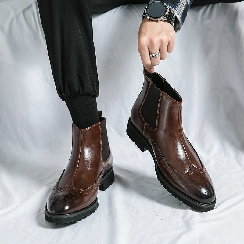Men's Faux Leather Brogue Wingtip Chelsea Boots