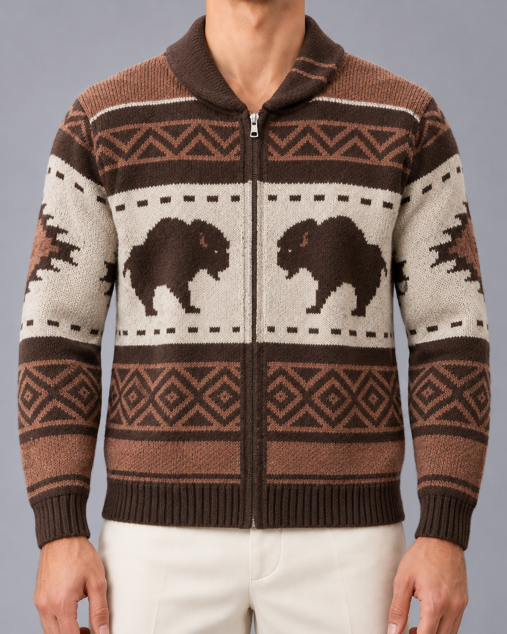 Men's Buffalo Christmas Cardigan Zip Up Shawl Collar