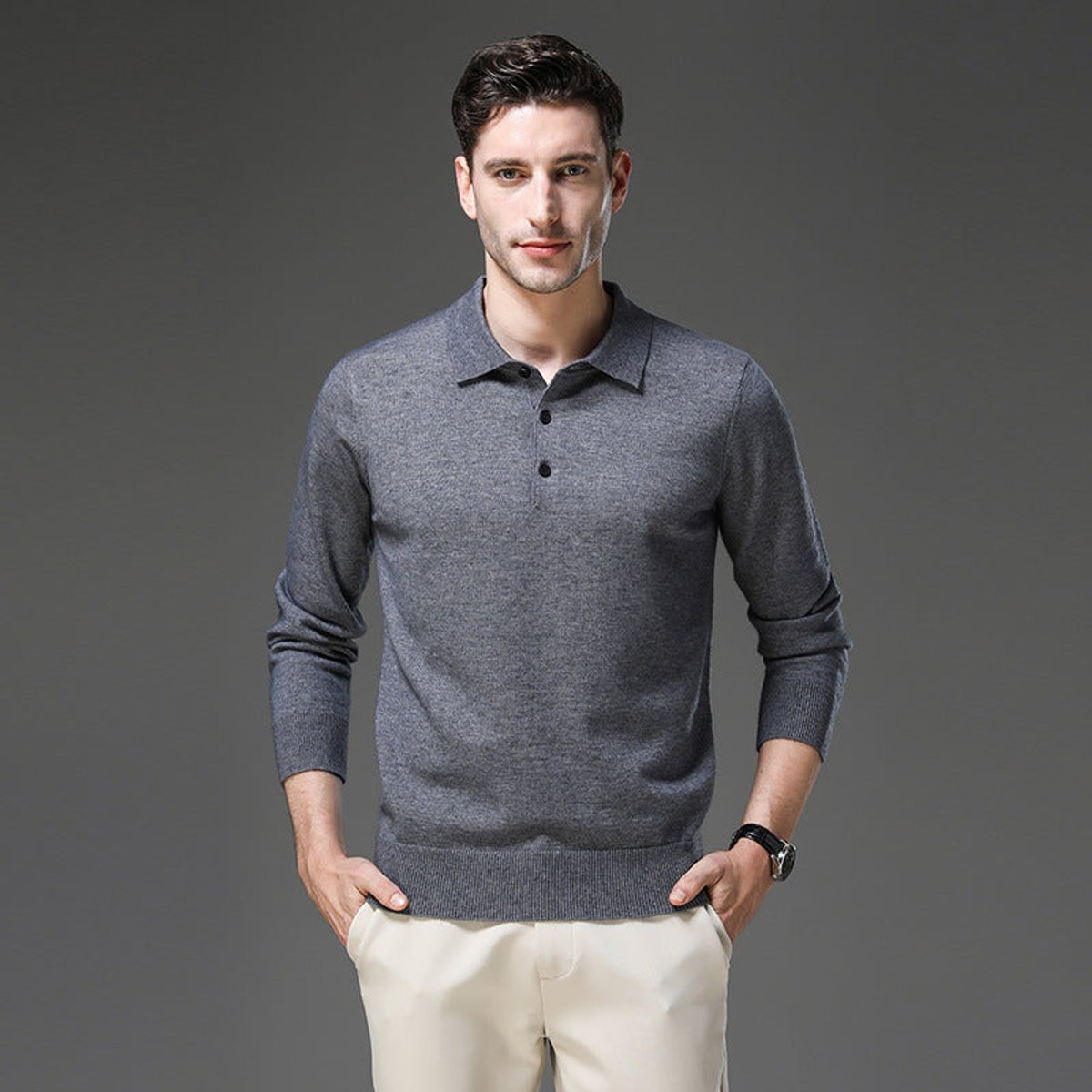 Men's Button Collar Knit Polo Sweater