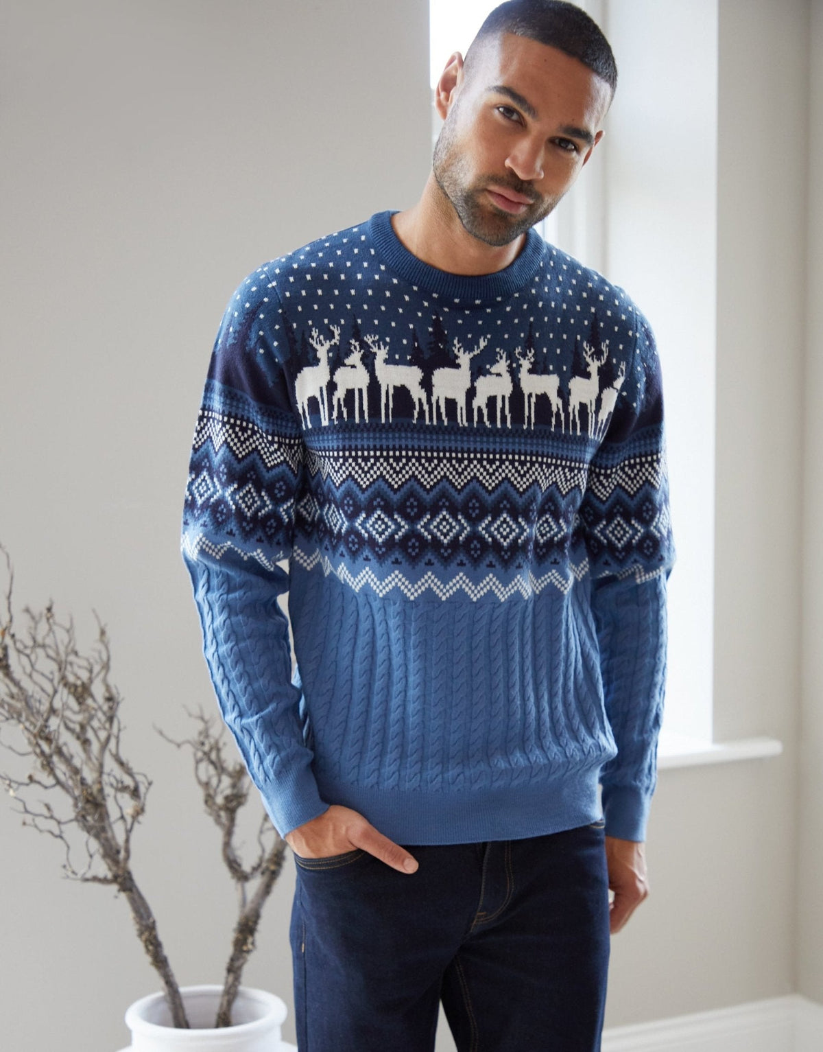 Men's Fair Isle Reindeer Christmas Sweater Cable Knit Blue