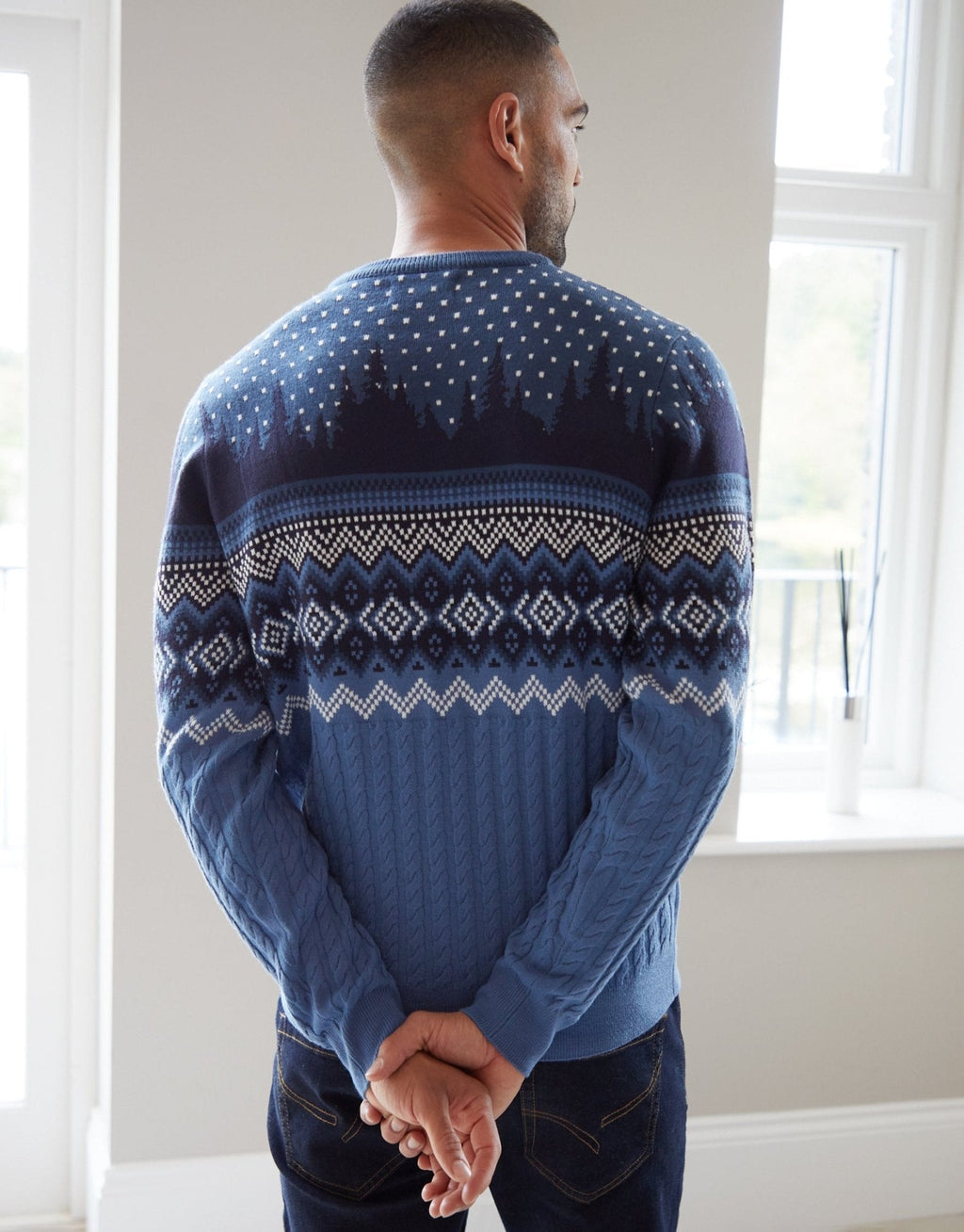 Men's Fair Isle Reindeer Christmas Sweater Cable Knit Blue