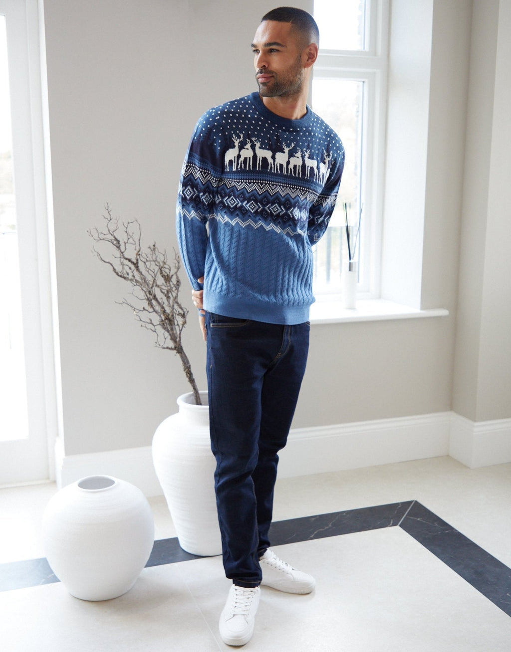 Men's Fair Isle Reindeer Christmas Sweater Cable Knit Blue