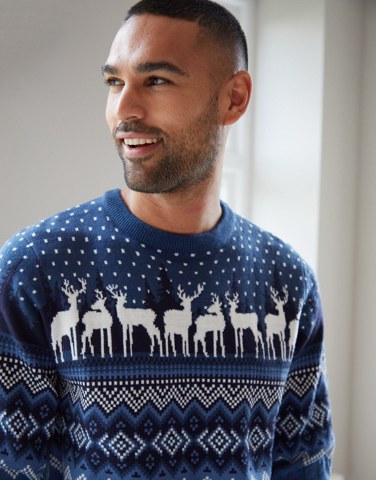 Men's Fair Isle Reindeer Christmas Sweater Cable Knit Blue