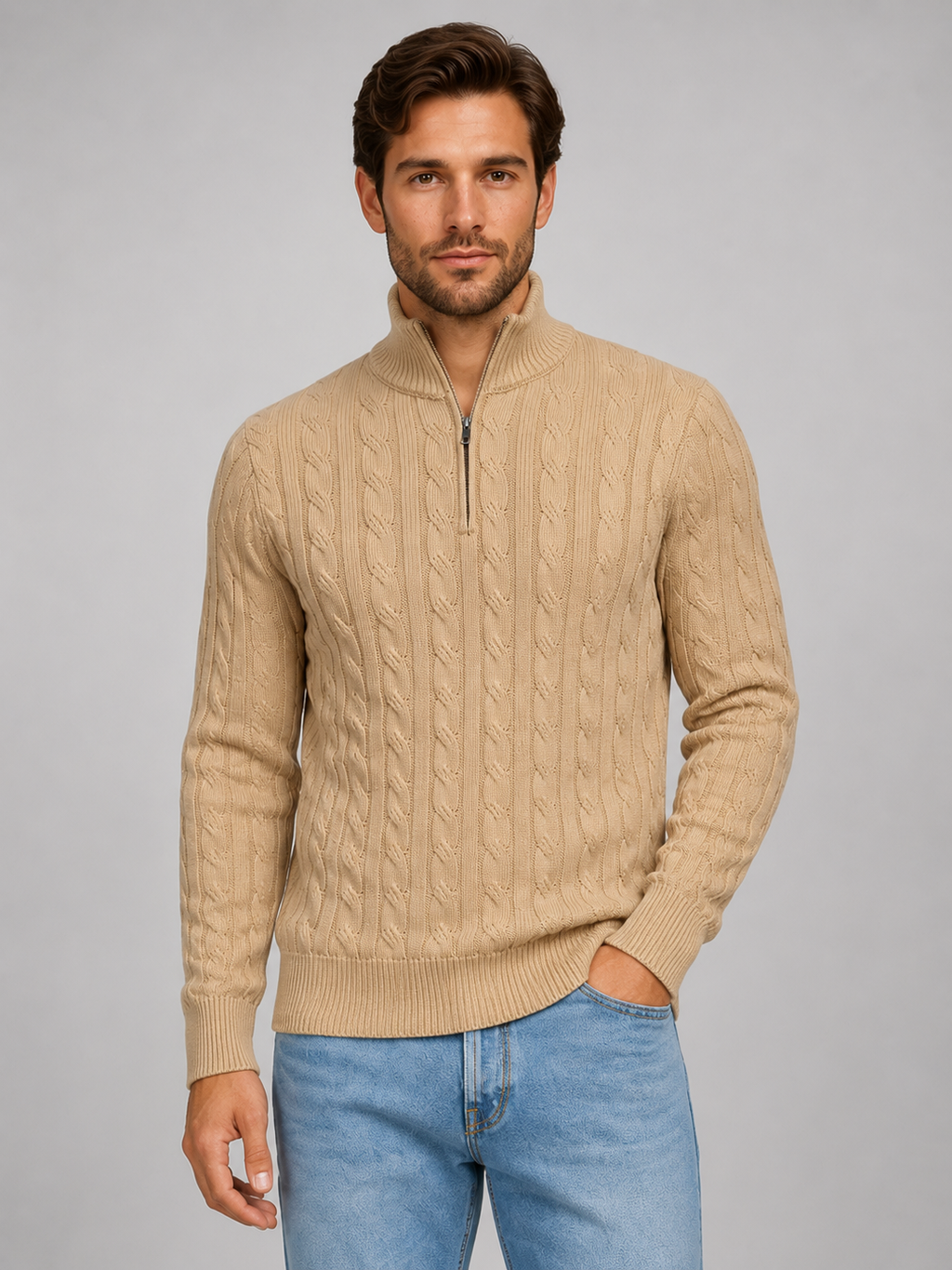 Men's Cable Knit Quarter Zip Funnel Neck Sweater