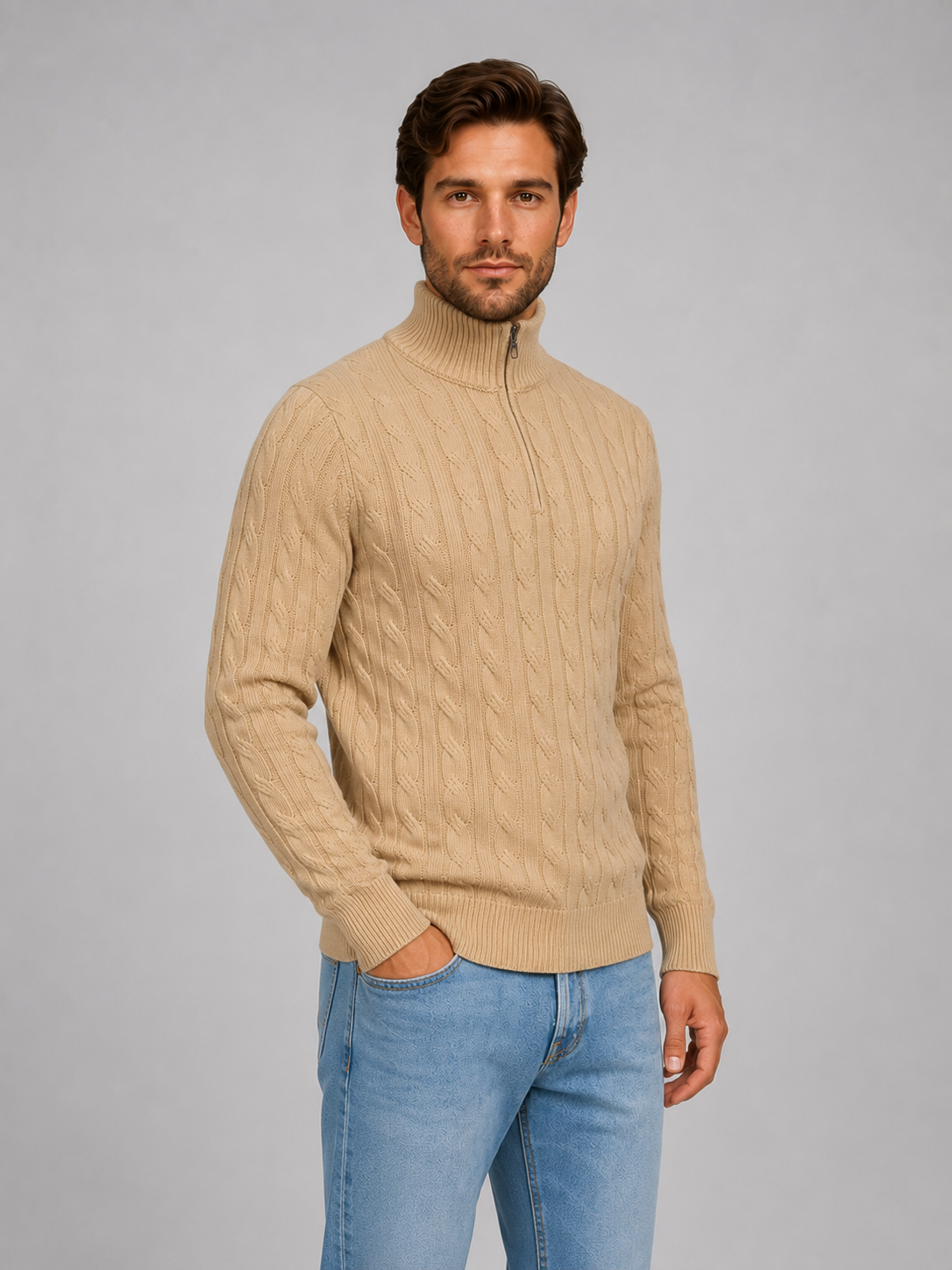 Men's Cable Knit Quarter Zip Funnel Neck Sweater