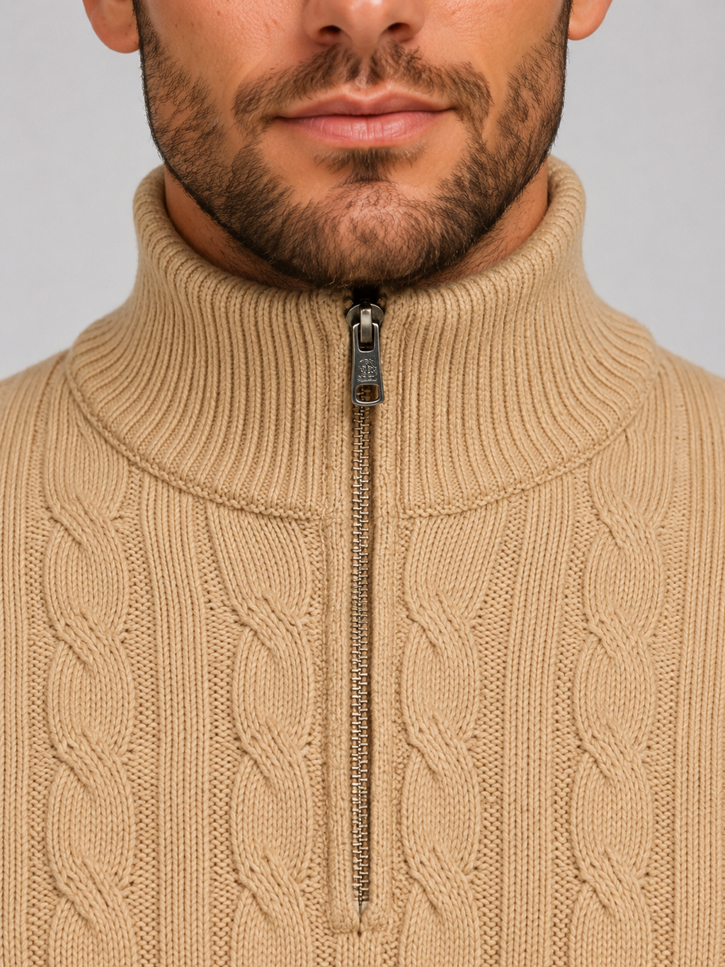 Men's Cable Knit Quarter Zip Funnel Neck Sweater