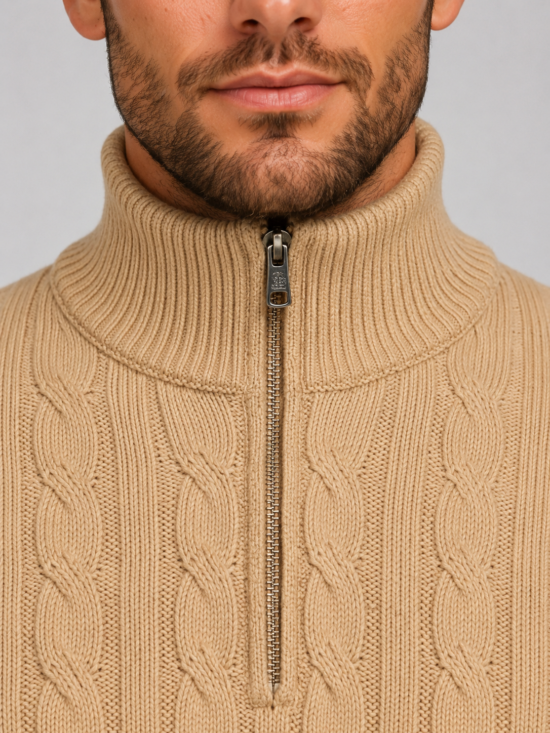 Men's Cable Knit Quarter Zip Funnel Neck Sweater
