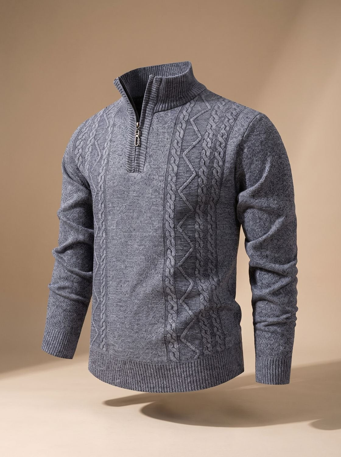 Men's Cable Knit Quarter-Zip Stand Collar Sweater