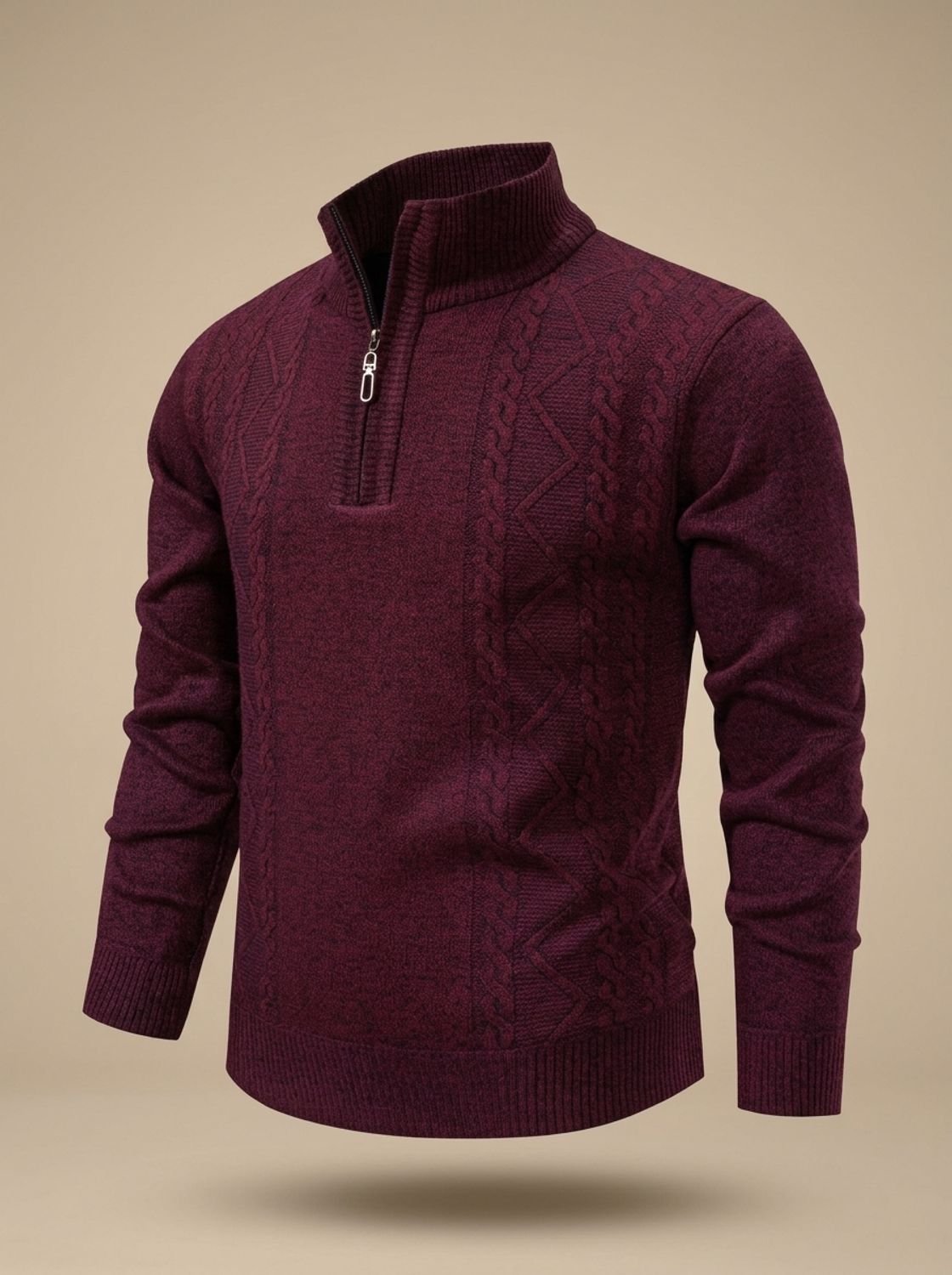 Men's Cable Knit Quarter-Zip Stand Collar Sweater