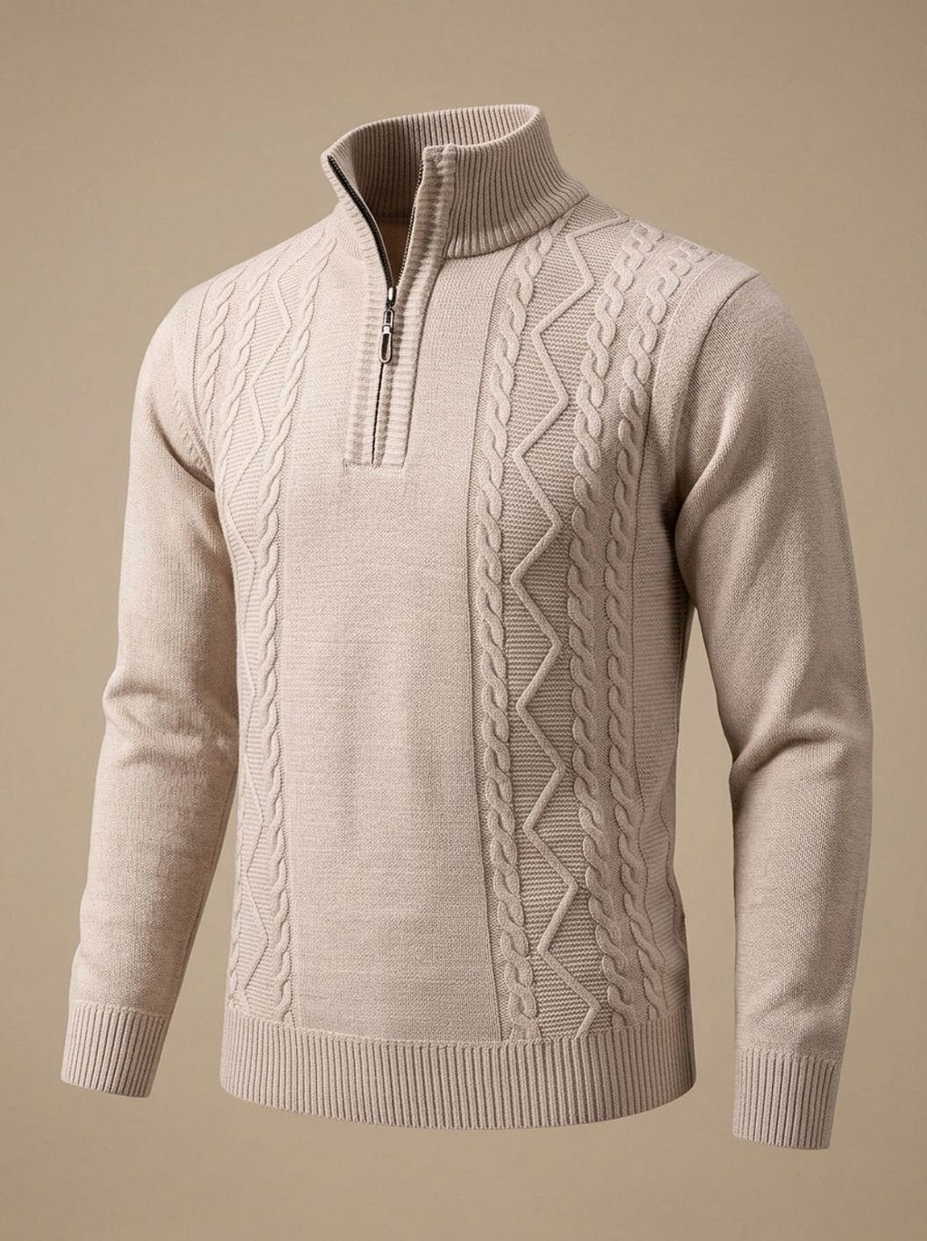 Men's Cable Knit Quarter-Zip Stand Collar Sweater
