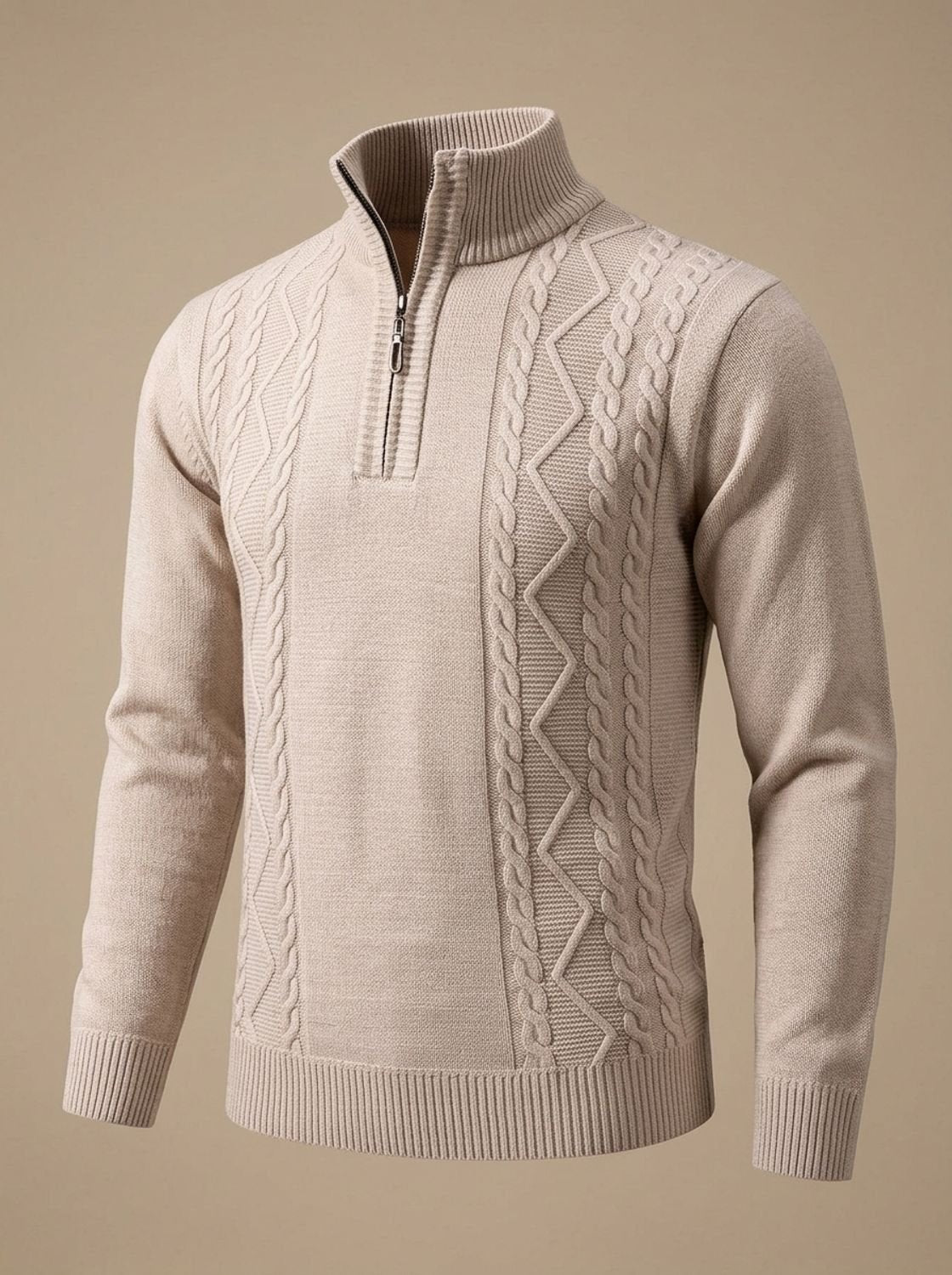 Men's Cable Knit Quarter-Zip Stand Collar Sweater