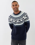 Men's Fair Isle Reindeer Christmas Sweater Cable Knit Navy
