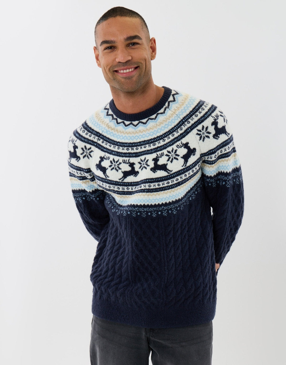 Men's Fair Isle Reindeer Christmas Sweater Cable Knit Navy