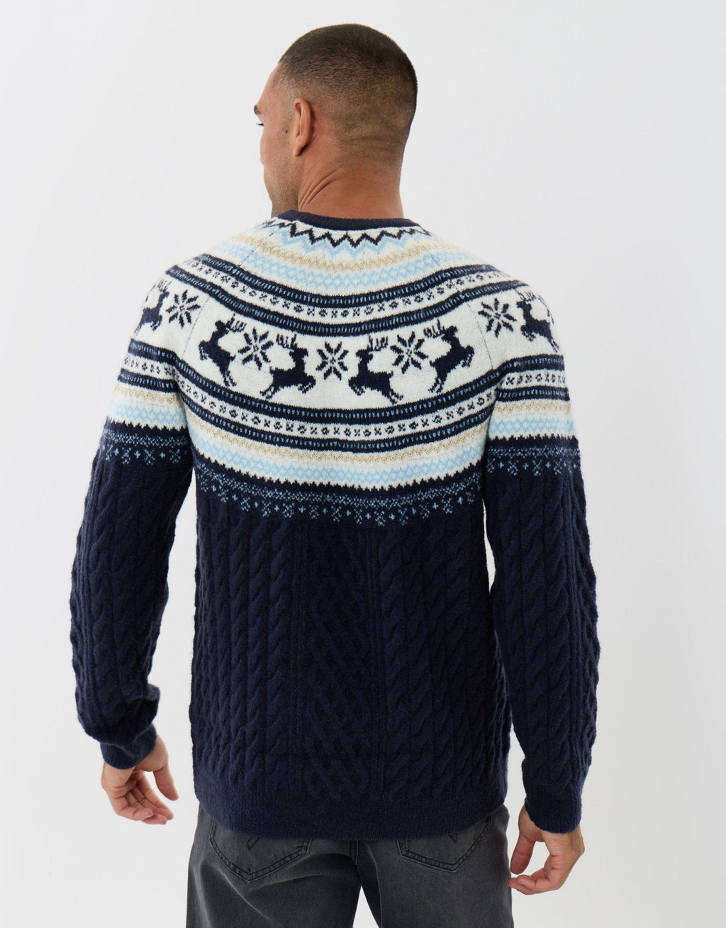 Men's Fair Isle Reindeer Christmas Sweater Cable Knit Navy