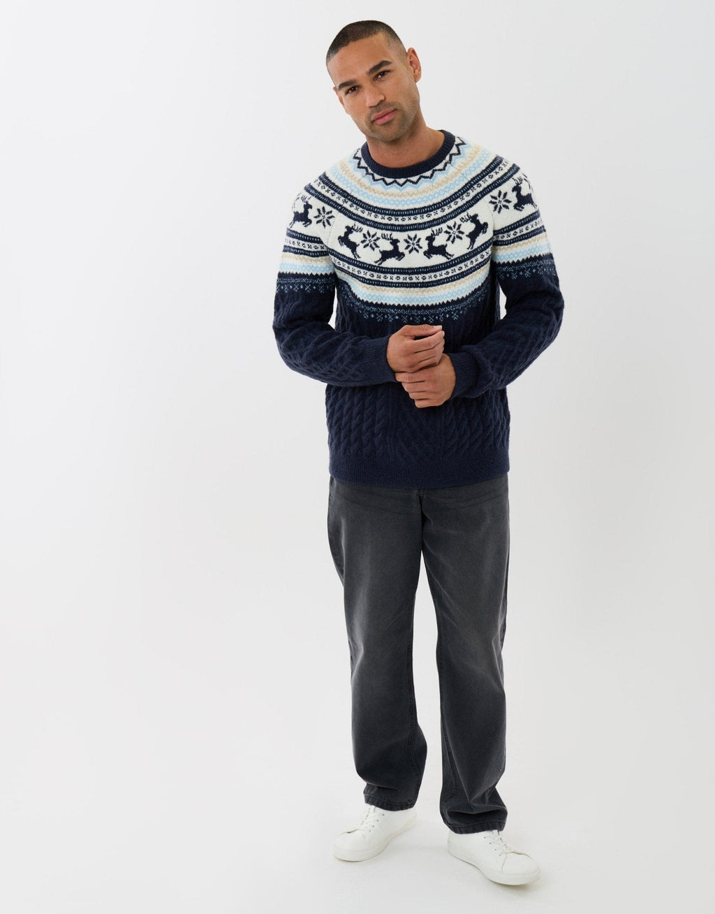 Men's Fair Isle Reindeer Christmas Sweater Cable Knit Navy