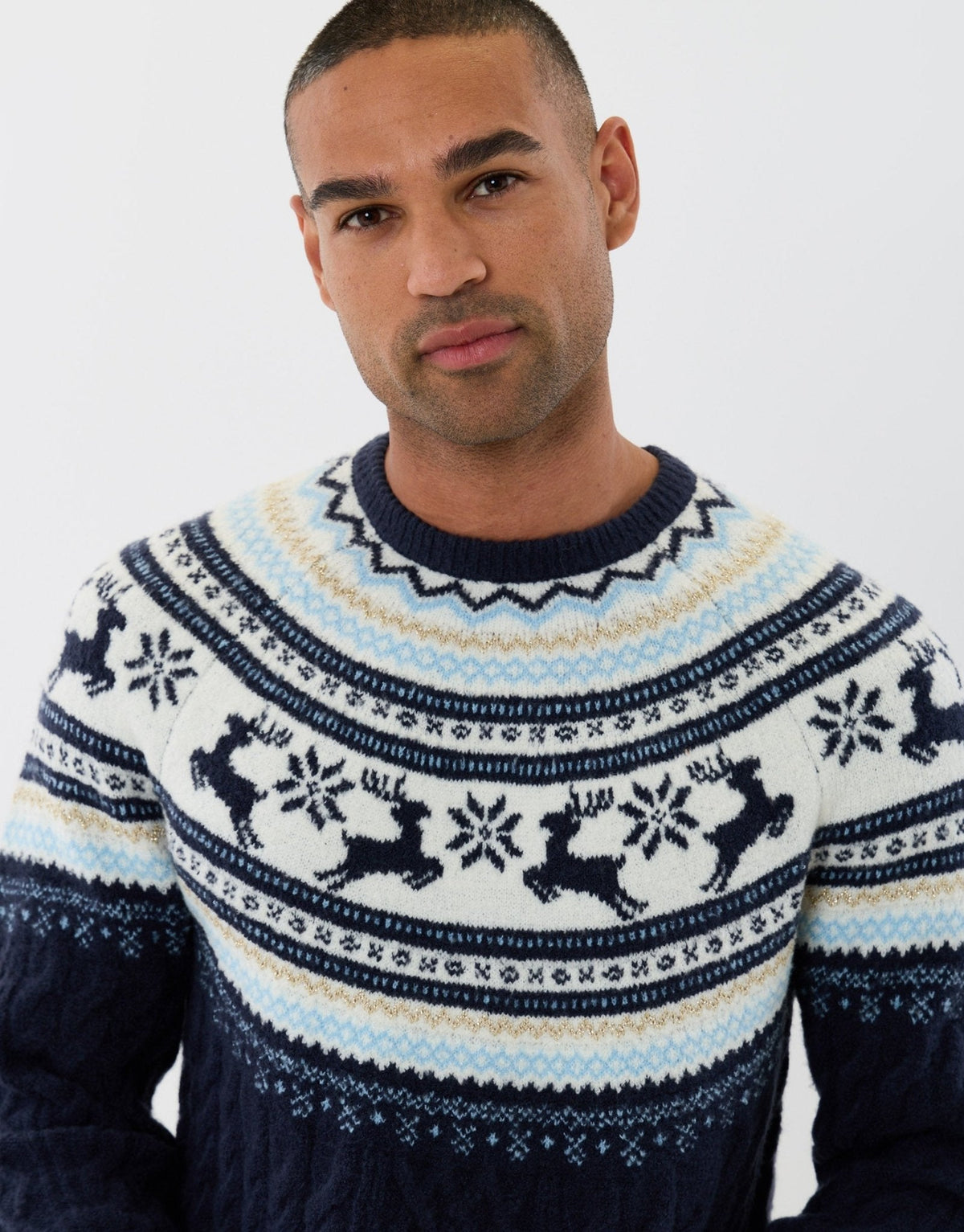 Men's Fair Isle Reindeer Christmas Sweater Cable Knit Navy