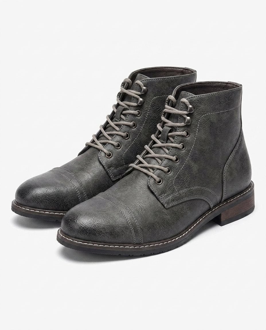 Men's Faux Leather Cap-Toe Lace-Up Boots with Stacked Heel