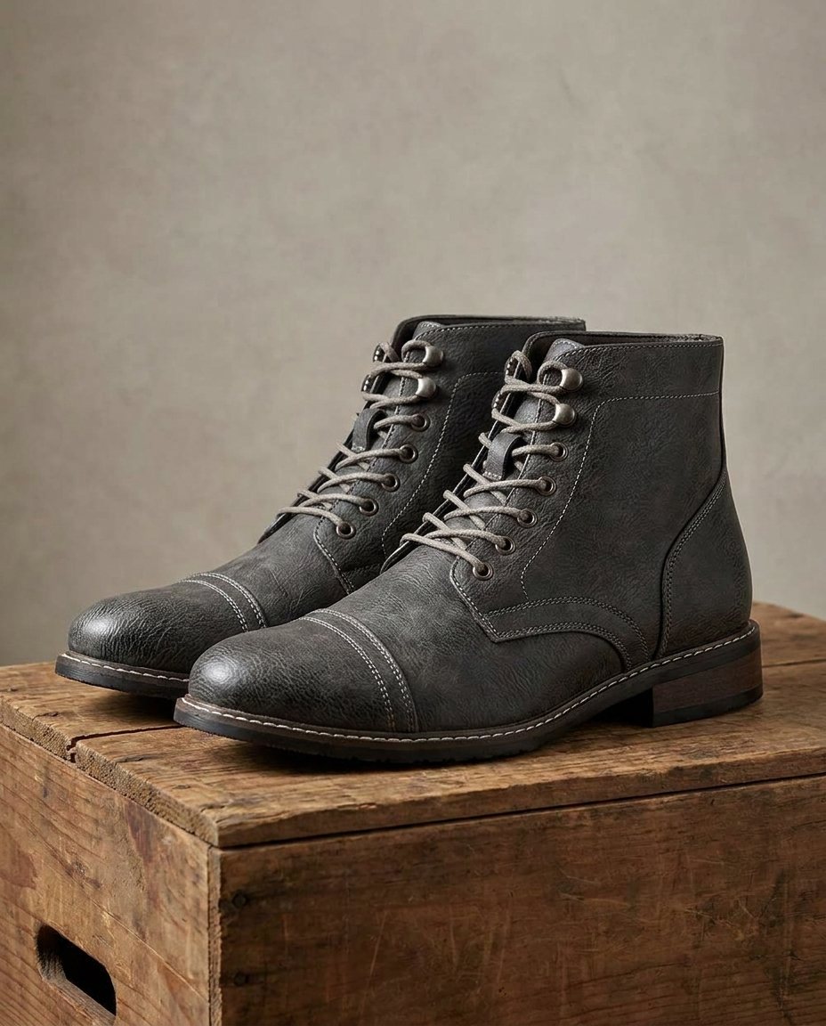 Men's Faux Leather Cap-Toe Lace-Up Boots with Stacked Heel