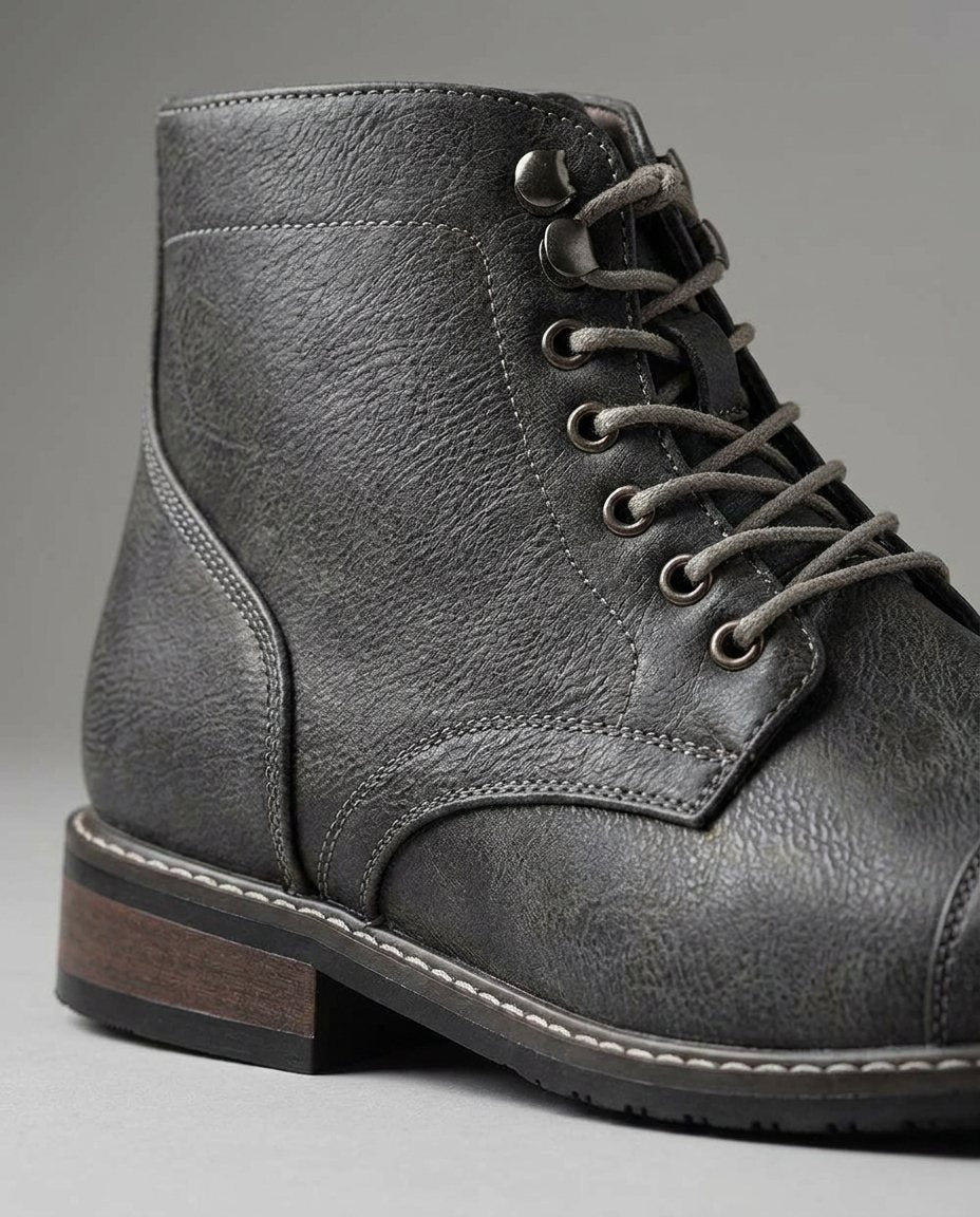 Men's Faux Leather Cap-Toe Lace-Up Boots with Stacked Heel