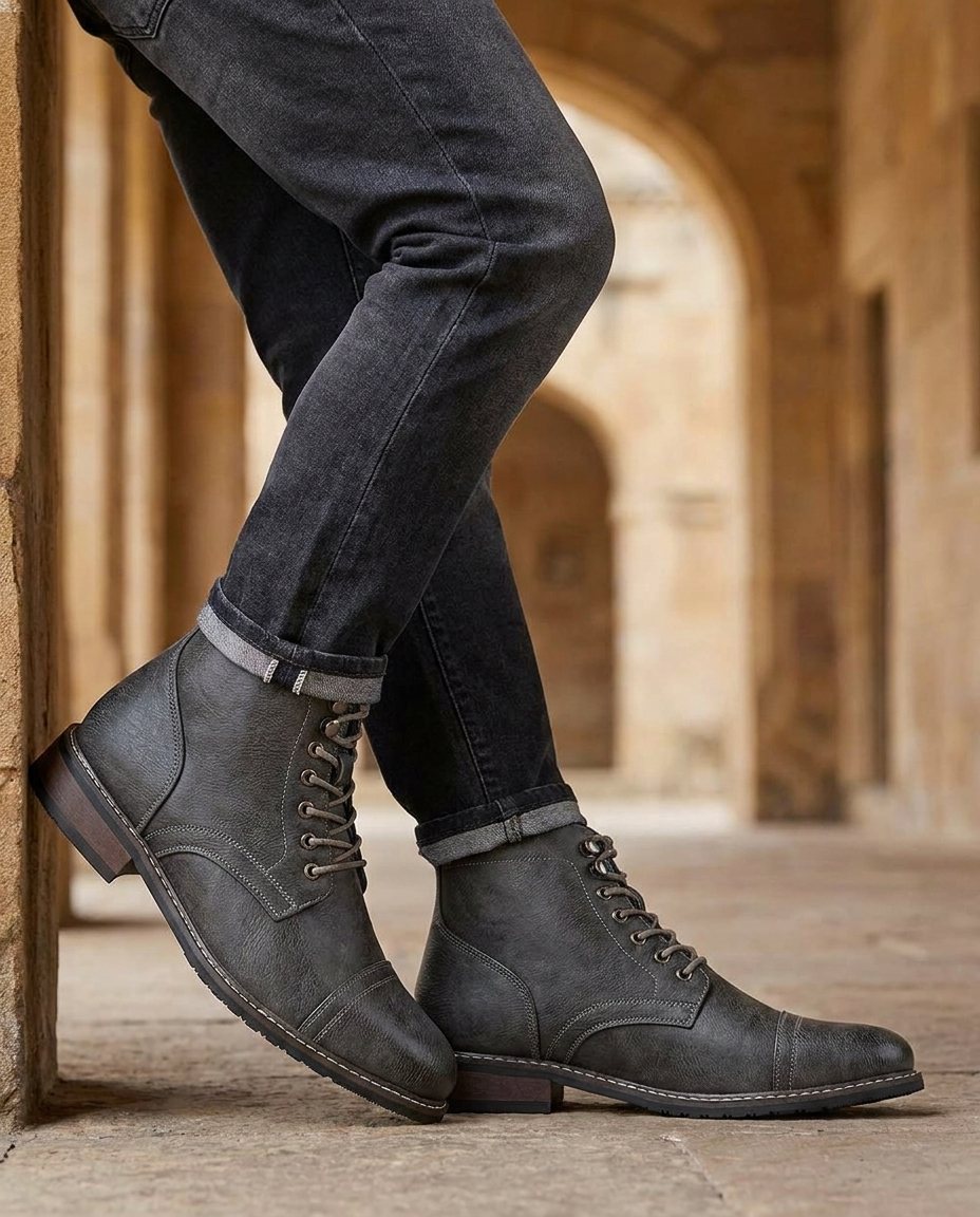 Men's Faux Leather Cap-Toe Lace-Up Boots with Stacked Heel