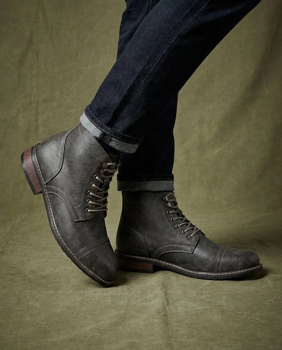Men's Faux Leather Cap-Toe Lace-Up Boots with Stacked Heel