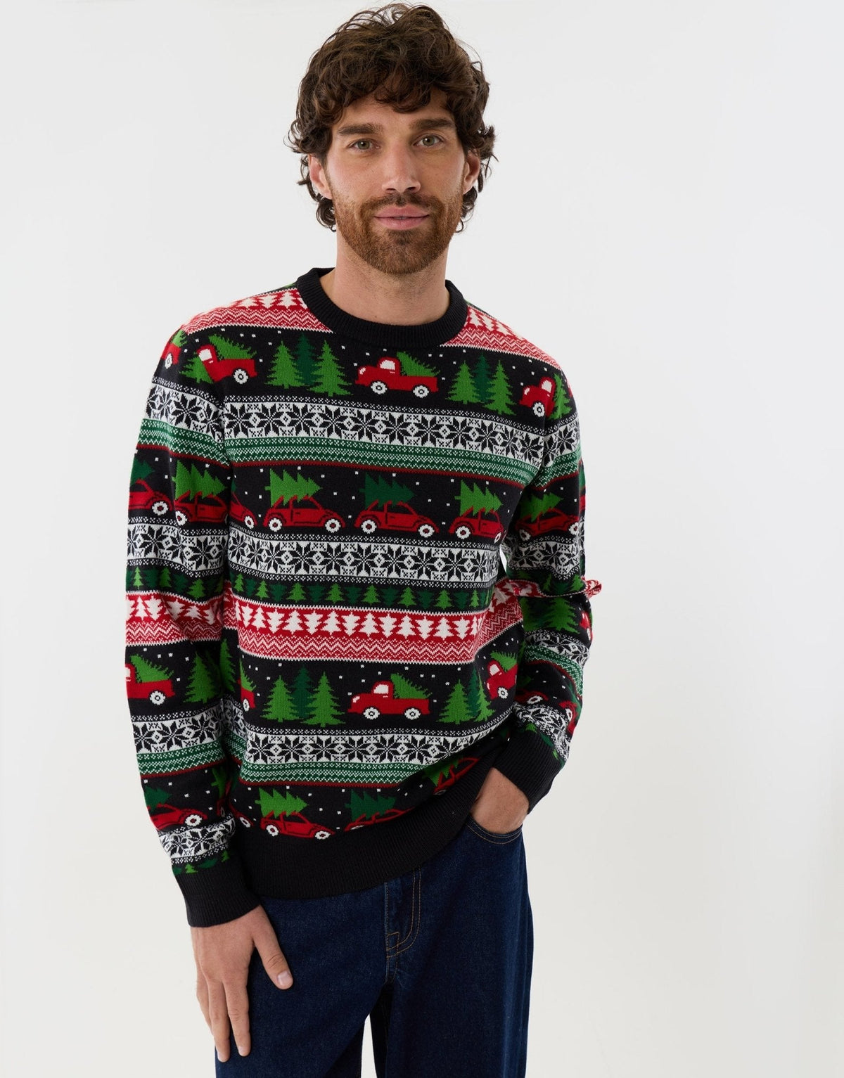 Men's Red Truck Fair Isle Christmas Sweater Crew Neck