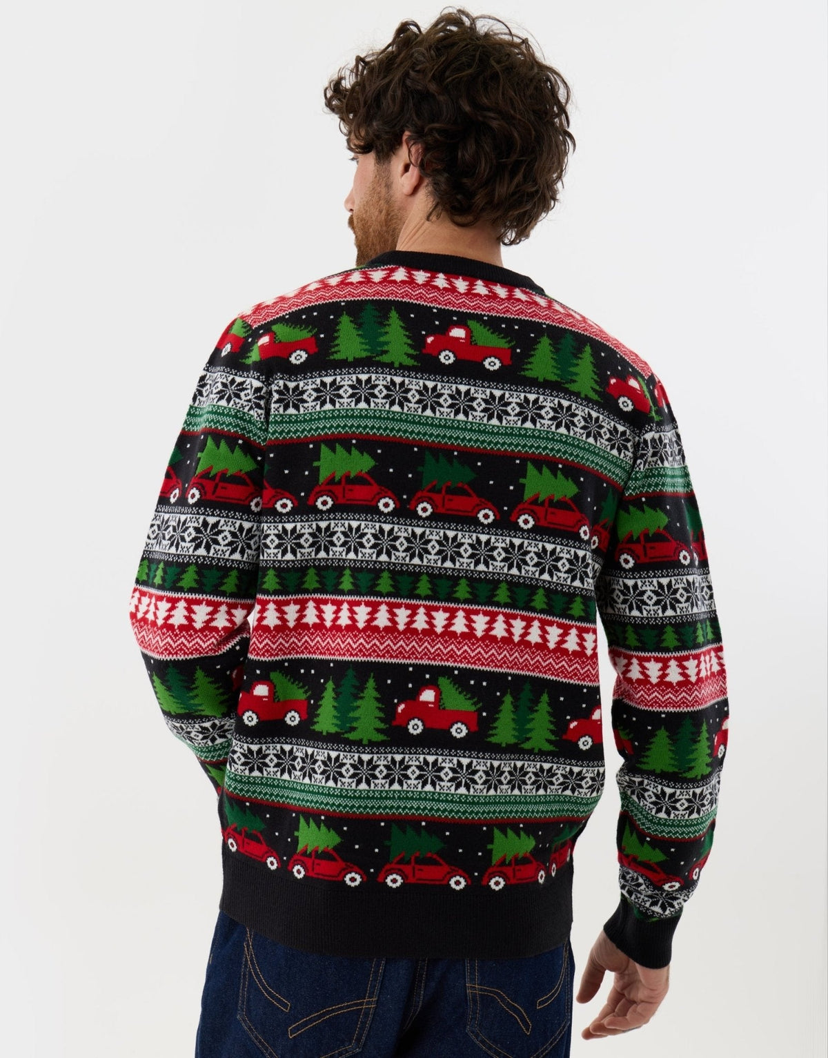 Men's Red Truck Fair Isle Christmas Sweater Crew Neck