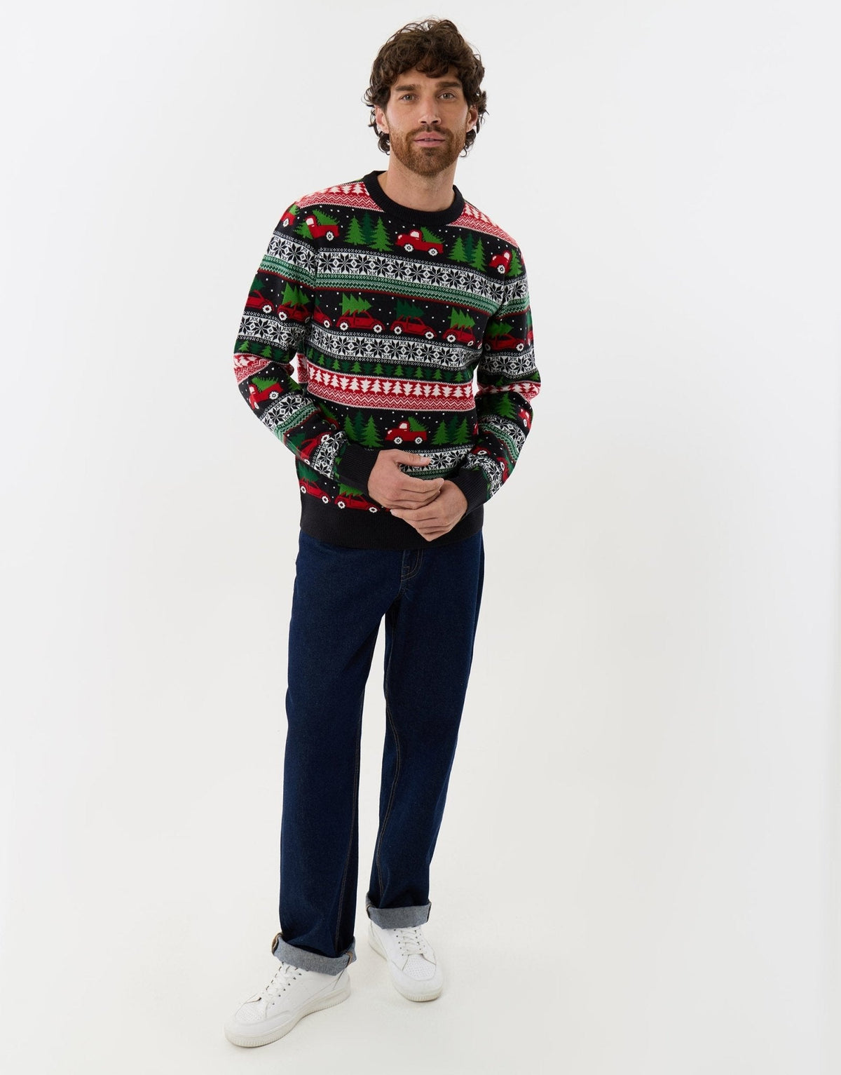 Men's Red Truck Fair Isle Christmas Sweater Crew Neck